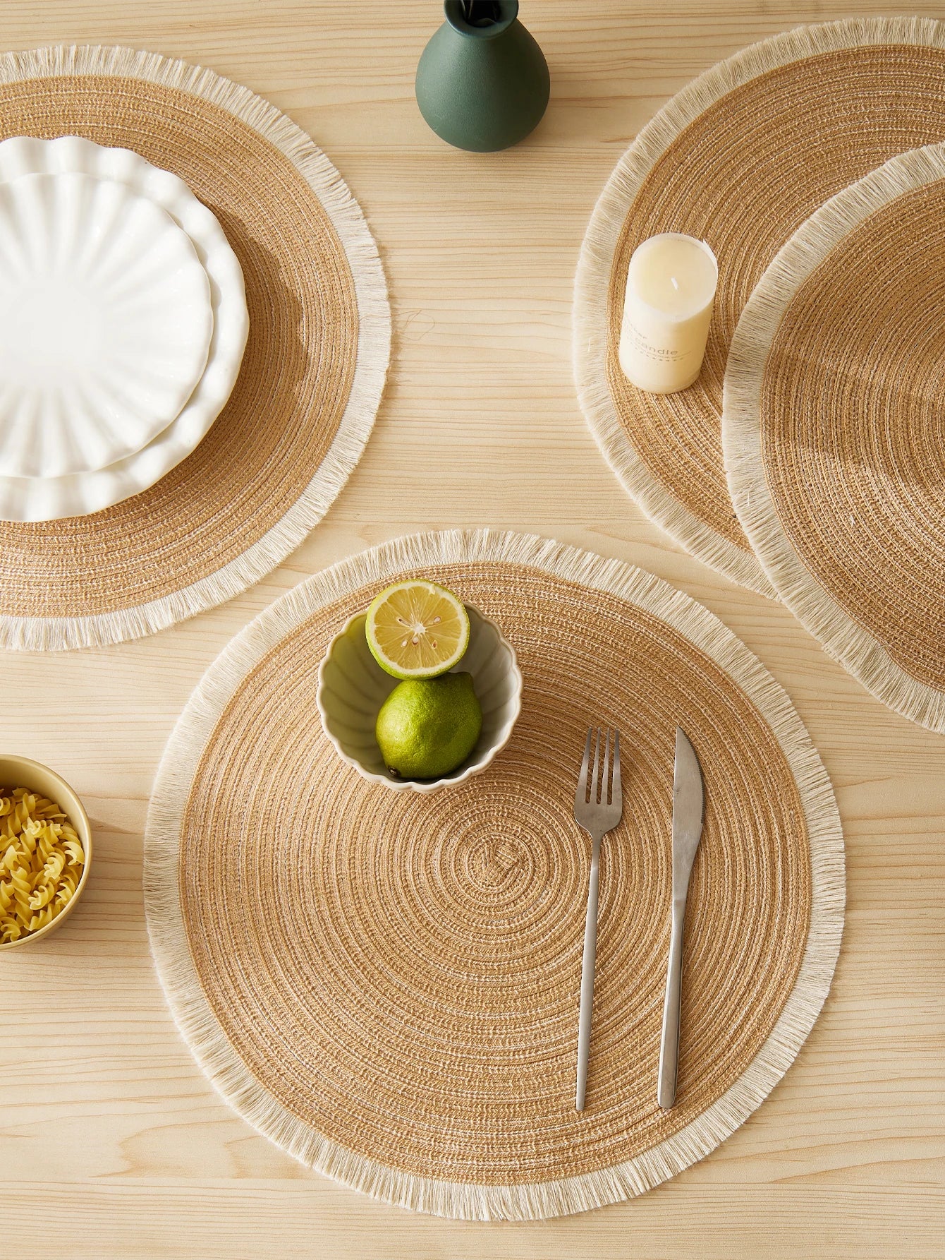 FringeNest™ – Modern Round Table Placemats (Set of 4, Non-Slip)