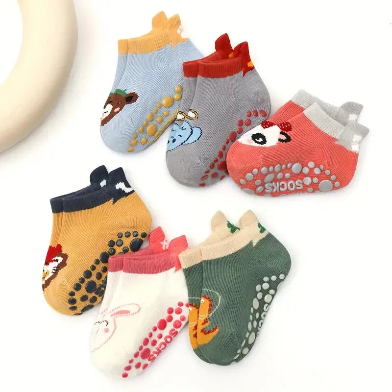 TinyToes™ Animal Socks 🐘🧦 – 6 Pairs Breathable Non-Slip Baby & Toddler Cotton Socks