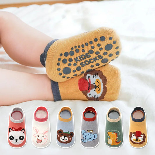 TinyToes™ Animal Socks 🐘🧦 – 6 Pairs Breathable Non-Slip Baby & Toddler Cotton Socks